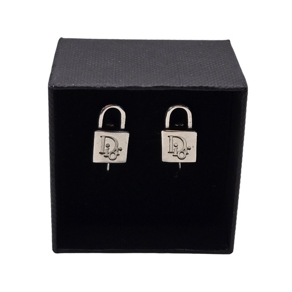Dior Jewelry - Christian Dior Vintage Padlock Screw Back Clip On Earrings Silver Tone Logo Lock